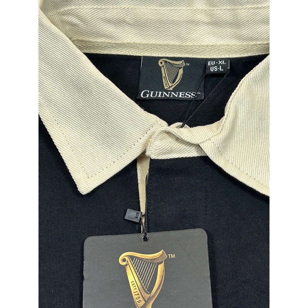 Guinness Mens Long Sleeve Rugby Shirt Black Gold Harp Logo Size L NWT - Picture 2 of 7